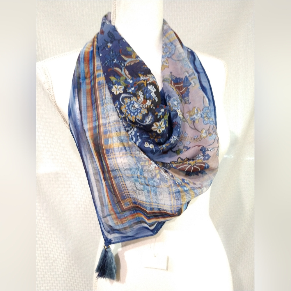 NEW Blue Floral Plaid Over the Neck Scarf NWT Small Size